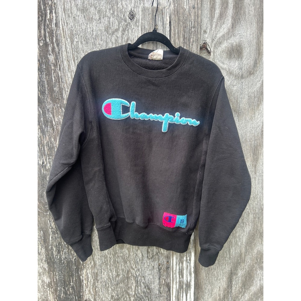 Champion Reverse Weave Chenille Logo Crewneck Sweatshirt Black Small Y2K